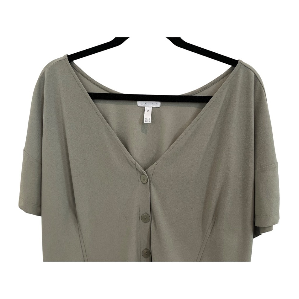 Leith Plus Size Button Front V Neck Top.Sage Gree… - image 2